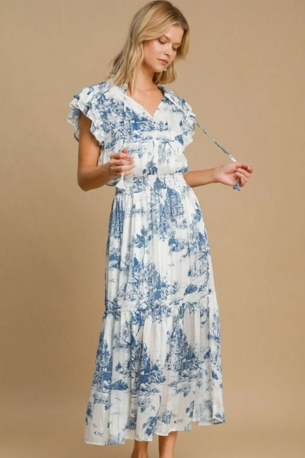 Full Size Two Tone Landscape Print Midi Dress Plus Size - Sky Blue