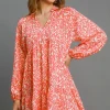 Full Size Two Tone Print Balloon Sleeve Tiered Dress Plus Size - Coral Mix