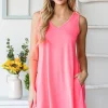 Full Size V-Neck Mini Tank Dress with Pockets - Neon Pink