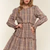 Full Size Washed Frayed Tiered Plaid Dress - Brown