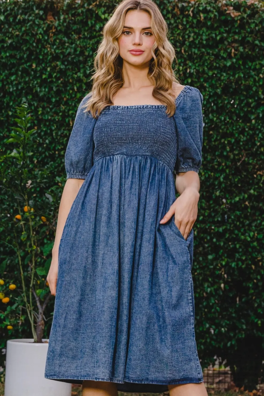 Full Size Washed Smocked Puff Sleeve Dress - Washed Denim