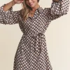 Geometric Balloon Long Sleeve Midi Dress - Brown Caramel