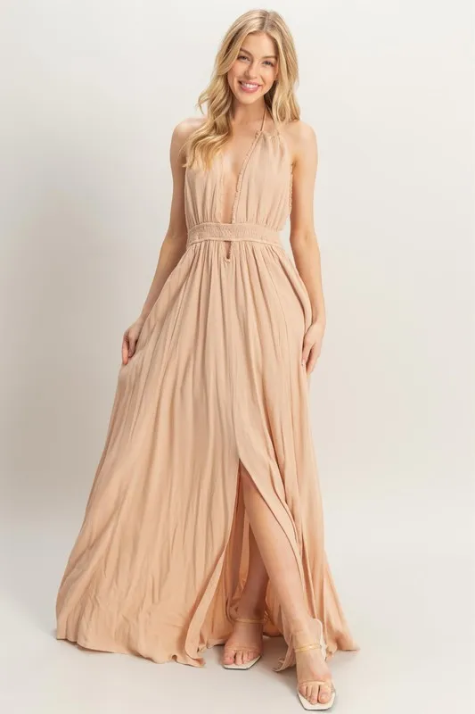 Halter-Neck-Fitted-Waist-Flowy-Maxi-Dress-Camel-1