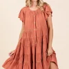 Lace Detail Ruffled Button Down Tiered Dress - Pumpkin