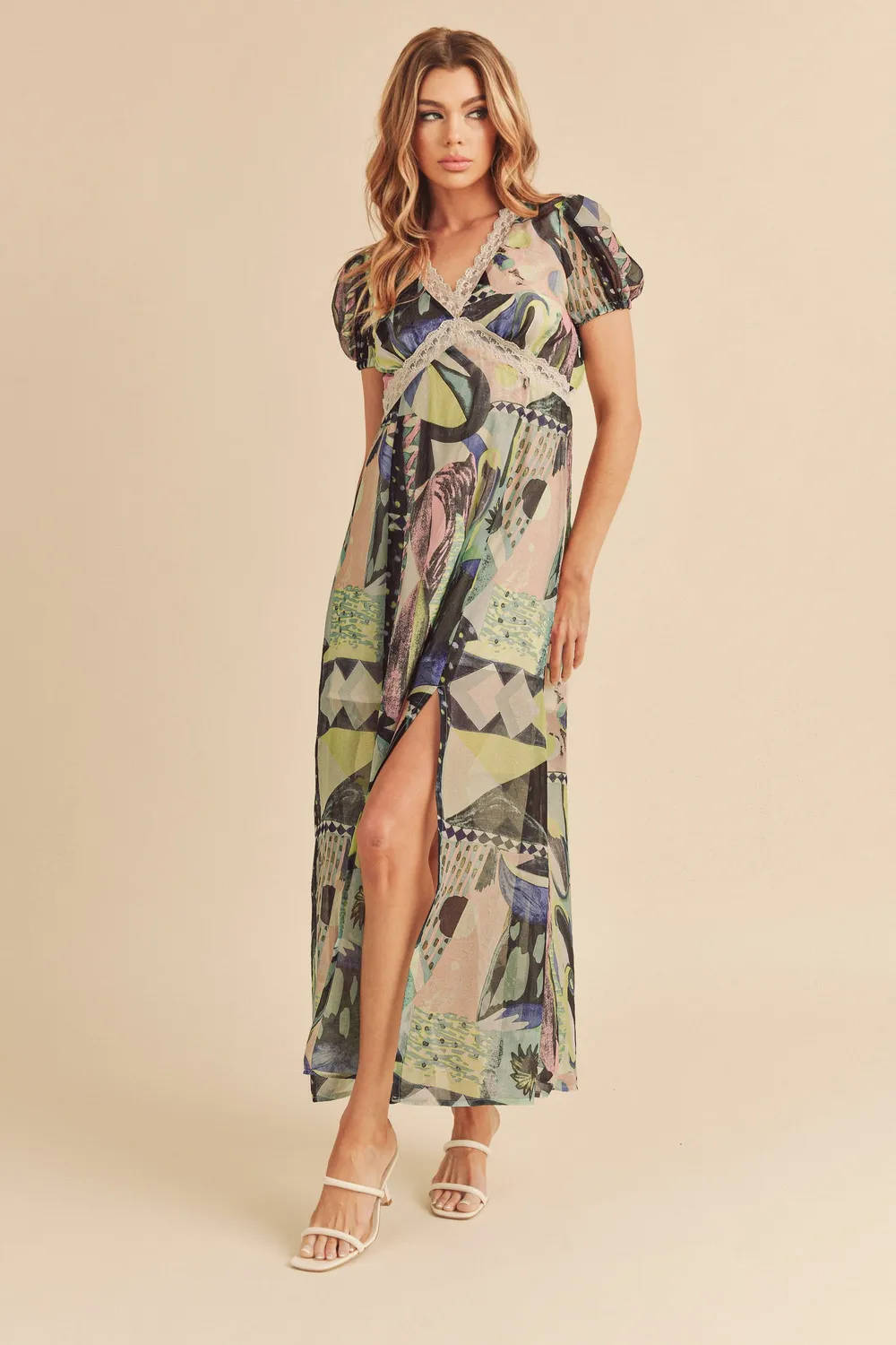 Lace-Detail-Slit-Geometric-Print-Short-Sleeve-Maxi-Dress-Green-1