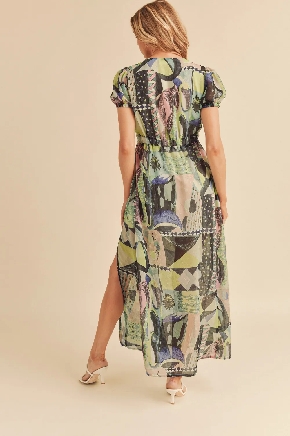 Lace-Detail-Slit-Geometric-Print-Short-Sleeve-Maxi-Dress-Green-2