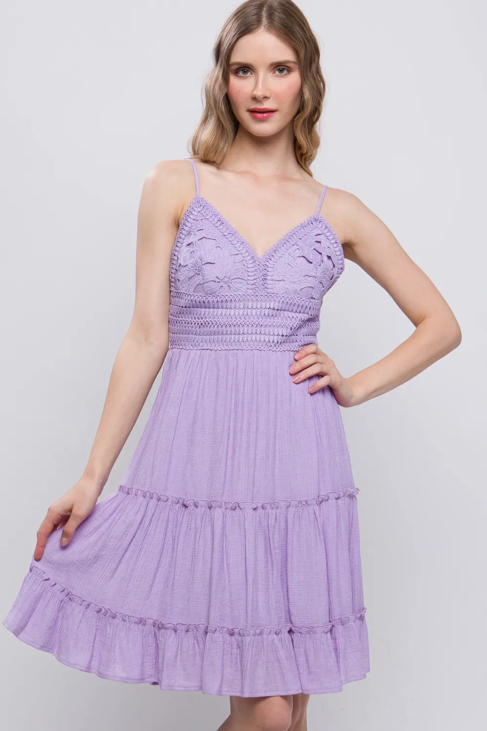 Lace Detail Tied V-Neck Mini Cami Dress - Lavender