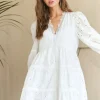 Lace Detail Tiered Eyelet V-Neck Babydoll Dress - White