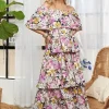 Layered Floral Off-Shoulder Short Sleeve Maxi Dress - Mauve
