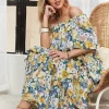 Layered Floral Off-Shoulder Short Sleeve Maxi Dress - Navy