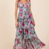 Layered Floral Sweetheart Neck Maxi Dress - Dusty Blue