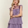 Layered Ruffled Cap Sleeve Mesh Dress - Mauve