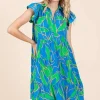 Leaf Print Ruffle Sleeve Tiered Mini Dress - Blue