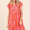Leaf Print Ruffle Sleeve Tiered Mini Dress - Coral