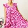 Leopard Cap Sleeve Tiered Mini Dress - Pink/Fuchsia