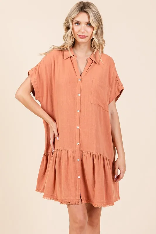 Linen-Blend-Button-Down-Shirt-Mini-Dress-Ginger Linen Blend Button Down Shirt Mini Dress - Ginger