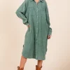Mineral Wash Cotton Gauze Midi Shirt Dress - Pine