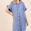 Mineral Wash Cotton Gauze Mini Shirt Dress - Blue