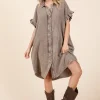 Mineral Wash Cotton Gauze Mini Shirt Dress - Toffee