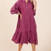 Mineral Wash Cotton Gauze Ruffle Midi Shirt Dress - Deep Purple