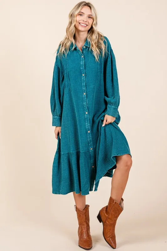 Mineral Wash Cotton Gauze Ruffle Midi Shirt Dress - Topaz Blue