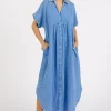 Mineral Wash V Neck Button Up Midi Shirt Dress - Denim