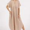 Mineral Wash V Neck Button Up Midi Shirt Dress - Natural