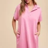 Mineral Washed Johnny Collar Short Sleeve Dress - Fuchsia Pink