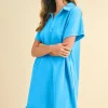 Mineral Washed Johnny Collar Short Sleeve Dress - Sky Blue