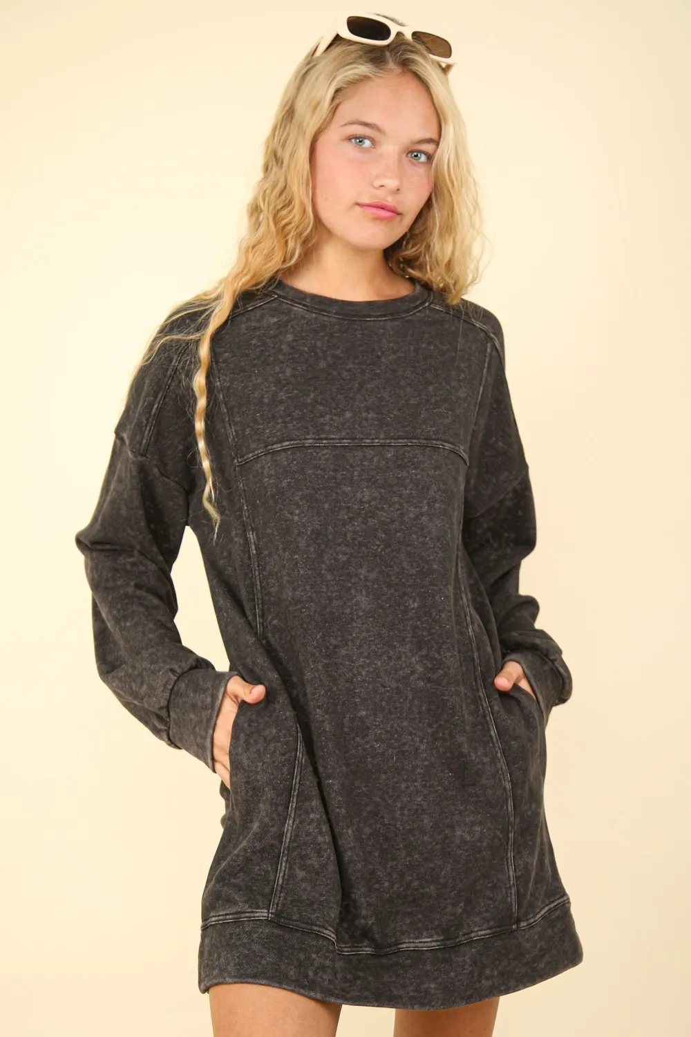 Mineral-Washed-Oversized-Sweatshirt-Mini-Dress-Black Mineral Washed Oversized Sweatshirt Mini Dress - Black
