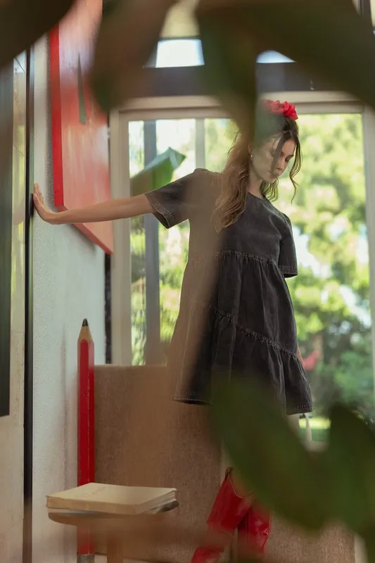 Mineral-Washed-Round-Neck-Short-Sleeve-Denim-Dress-Black-3