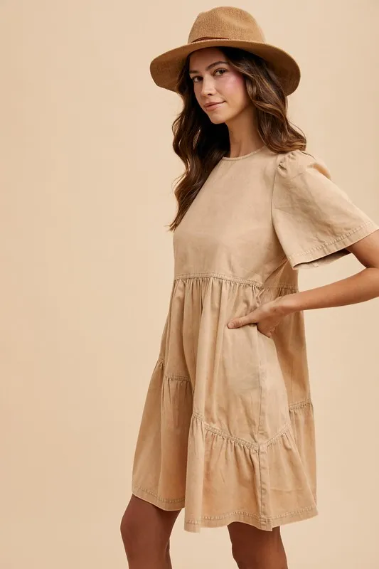 Mineral-Washed-Round-Neck-Short-Sleeve-Denim-Dress-Tan-2