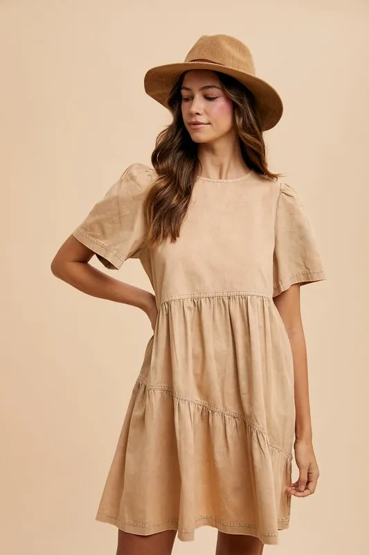 Mineral-Washed-Round-Neck-Short-Sleeve-Denim-Dress-Tan-4