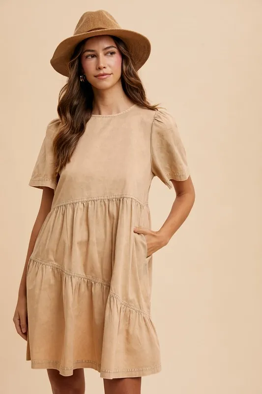 Mineral Washed Round Neck Short Sleeve Denim Dress - Tan