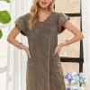 Mineral Washed V-Neck Ruffled Cap Sleeve Dress -  Charcoal