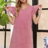 Mineral Washed V-Neck Ruffled Cap Sleeve Dress -  Mauve