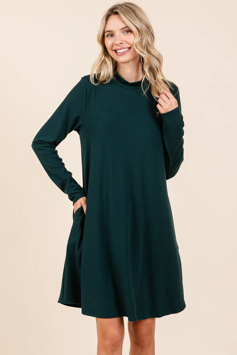 Mock-Neck-Long-Sleeve-Dress-with-Pockets-Hunter-Green Mock Neck Long Sleeve Dress with Pockets - Hunter Green