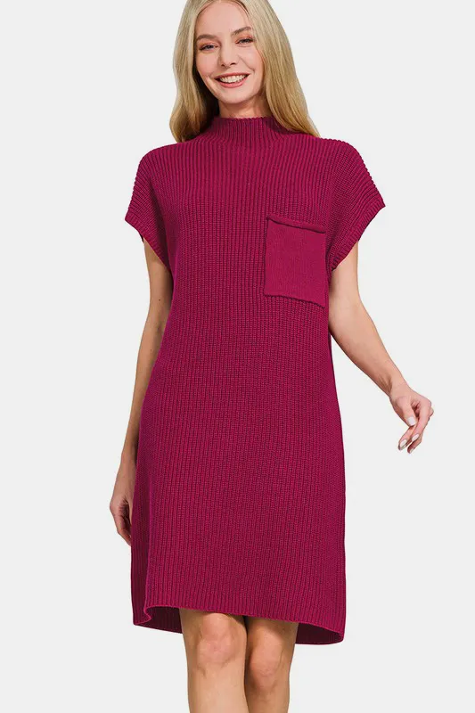 Mock Neck Short Sleeve Sweater Dress - Cabernet