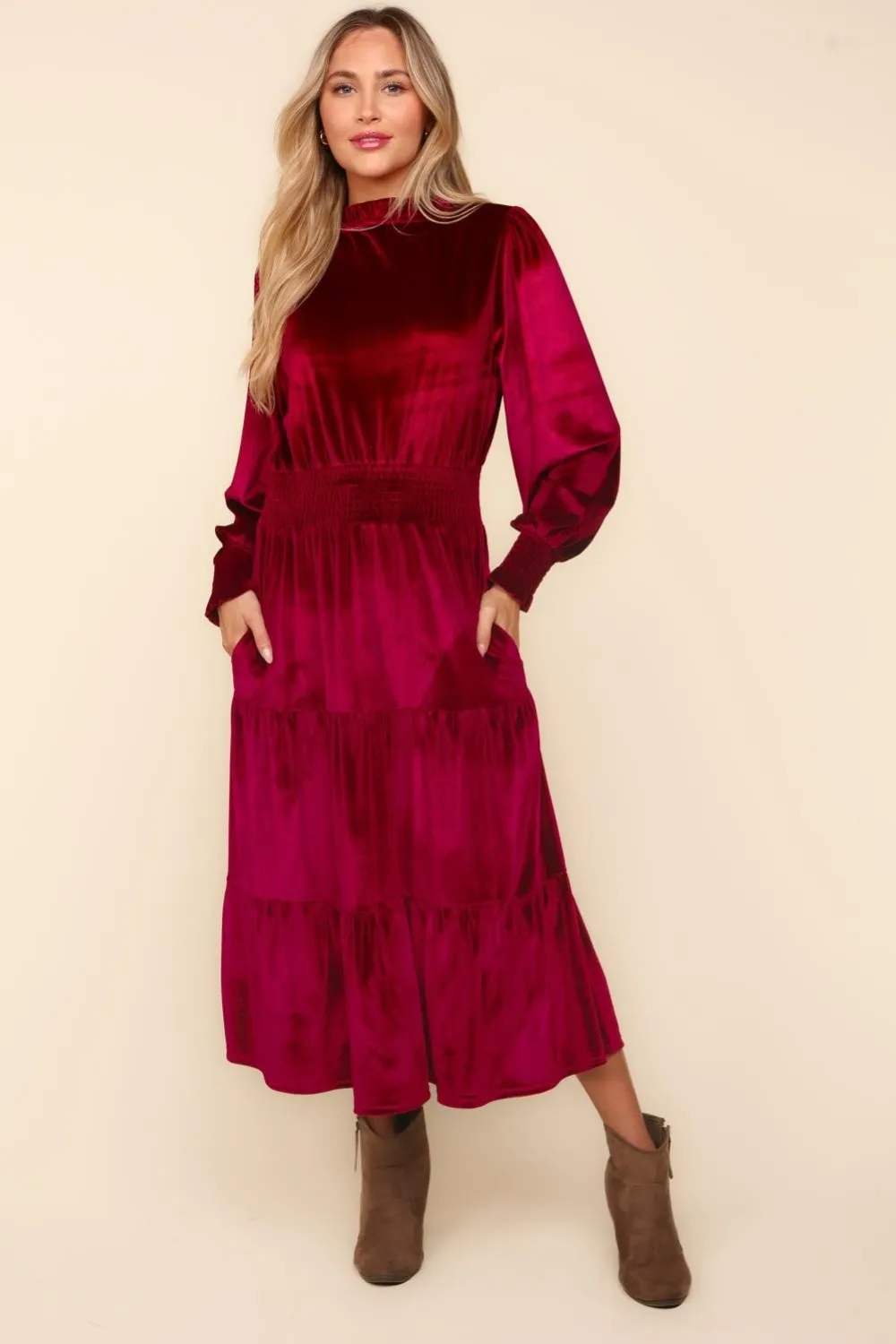 Mock-Neck-Smocked-Waist-Velvet-Tiered-Dress-Burgundy-1