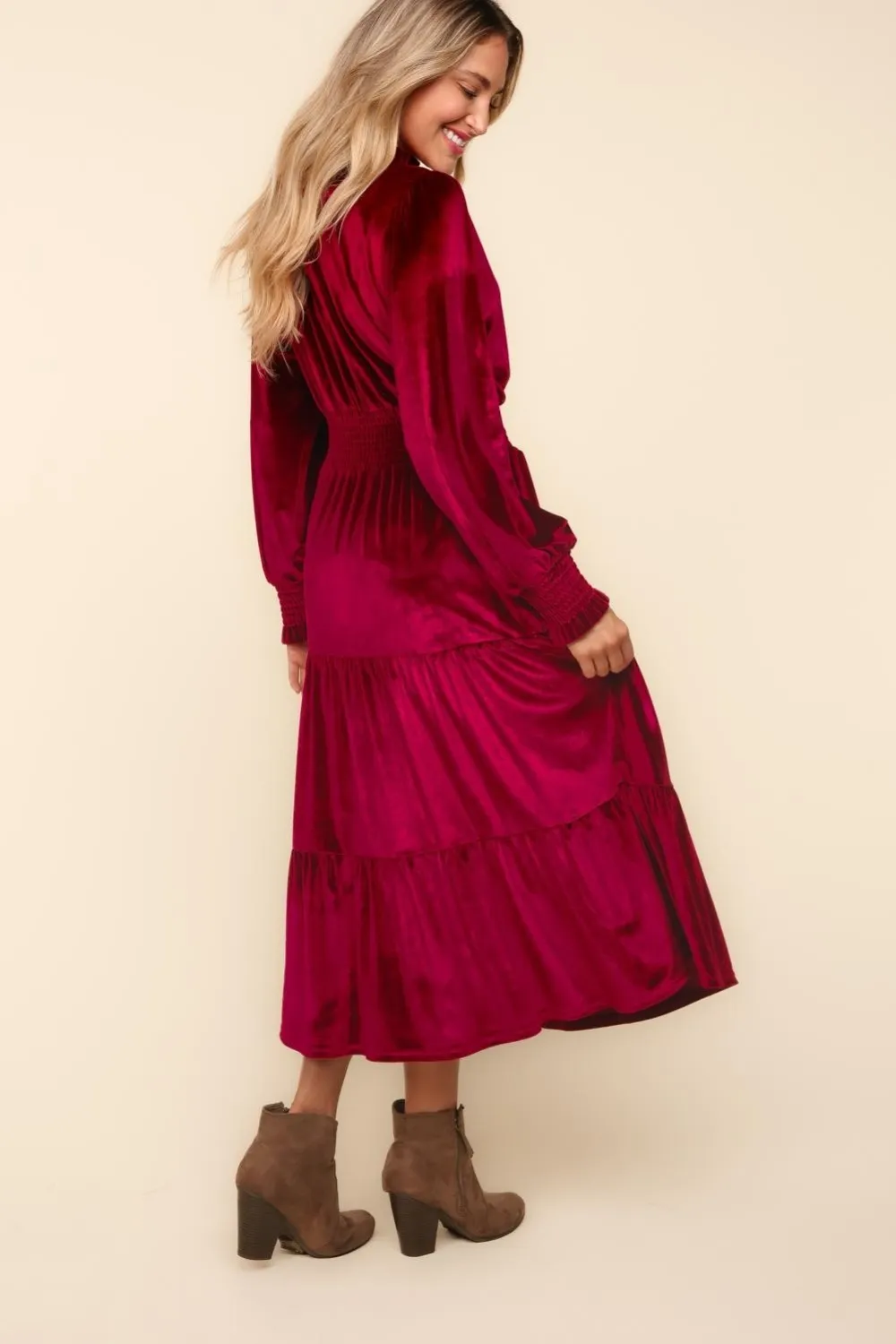 Mock-Neck-Smocked-Waist-Velvet-Tiered-Dress-Burgundy-2