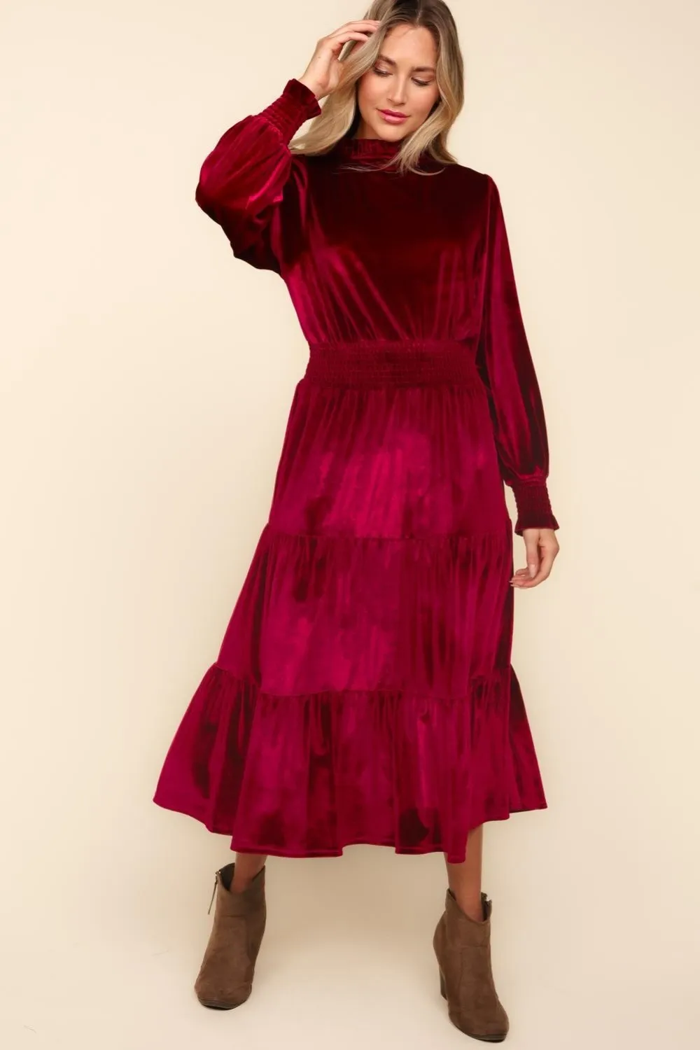 Mock-Neck-Smocked-Waist-Velvet-Tiered-Dress-Burgundy-3