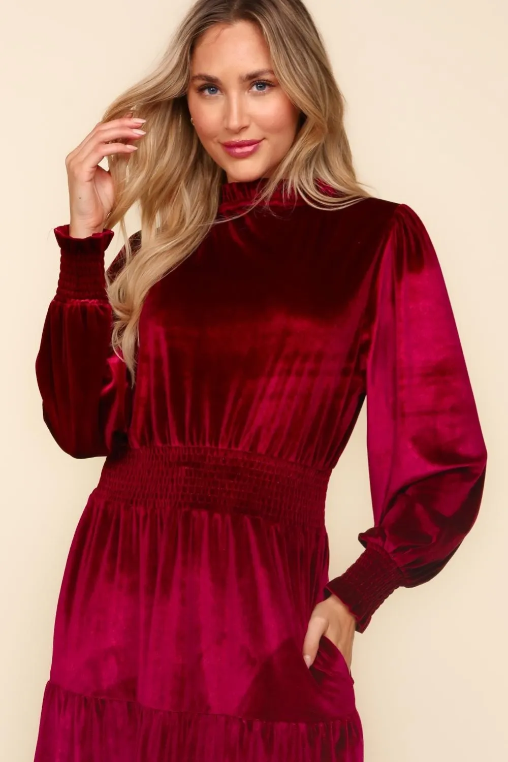 Mock-Neck-Smocked-Waist-Velvet-Tiered-Dress-Burgundy-4