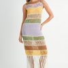 Multi Color Fringed Crochet Knit Dress - Lavender Multi