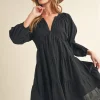 Notched Balloon Sleeve Tiered Mini Dress - Black