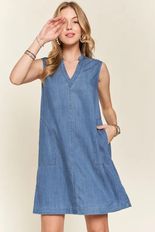 Notched-Sleeveless-Denim-Dress-with-Pockets-Medium-2