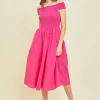 Off-Shoulder Smocked Midi Dress - Fuchsia
