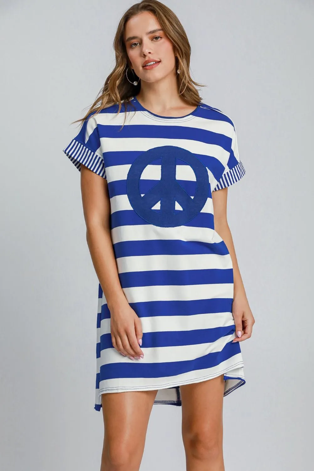 Peace-Applique-Striped-Short-Sleeve-Mini-Dress-Royal-Blue-1