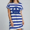 Peace Applique Striped Short Sleeve Mini Dress - Royal Blue