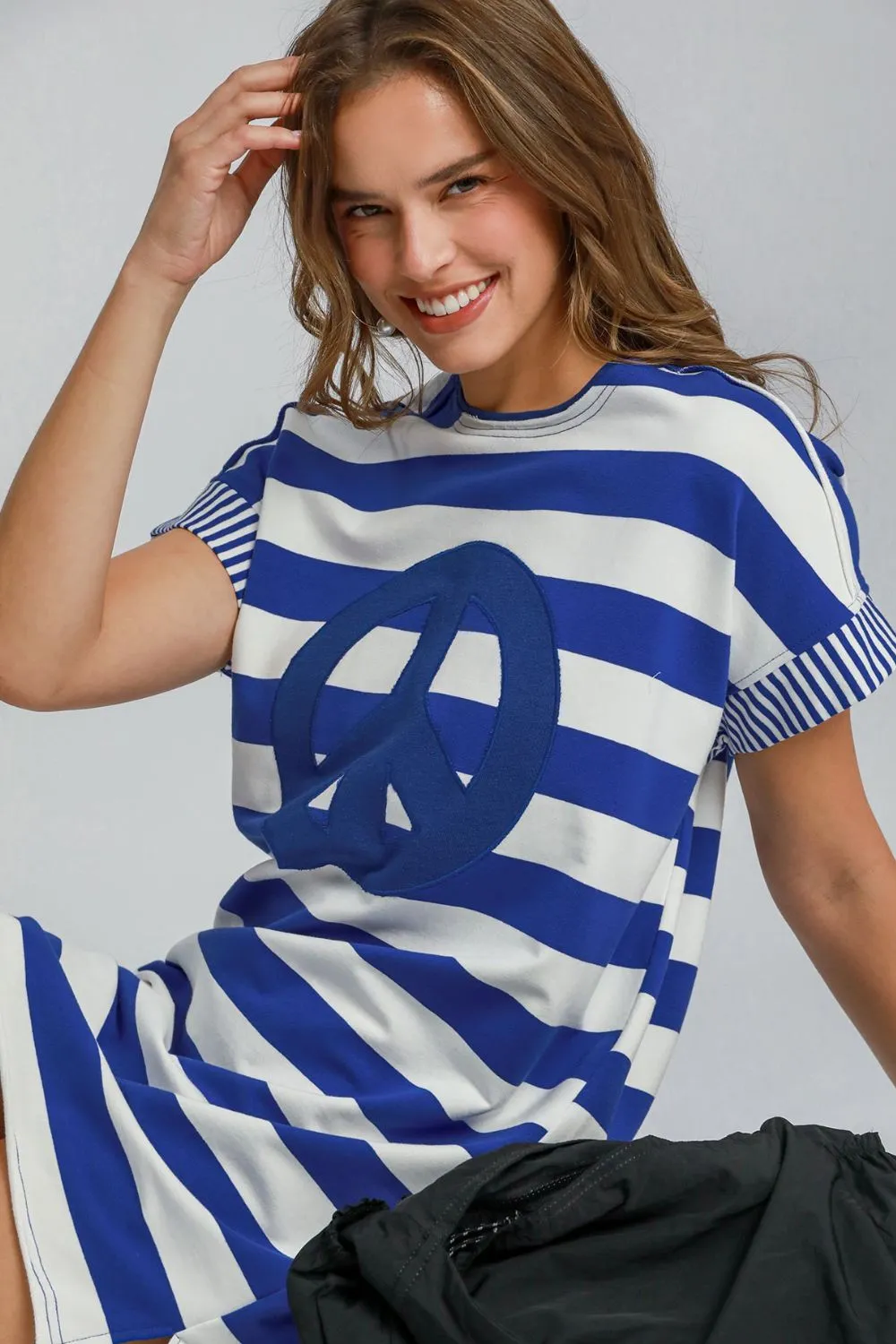 Peace-Applique-Striped-Short-Sleeve-Mini-Dress-Royal-Blue-4