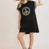 Peace Plaid Applique Short Sleeve Mini Dress - Black